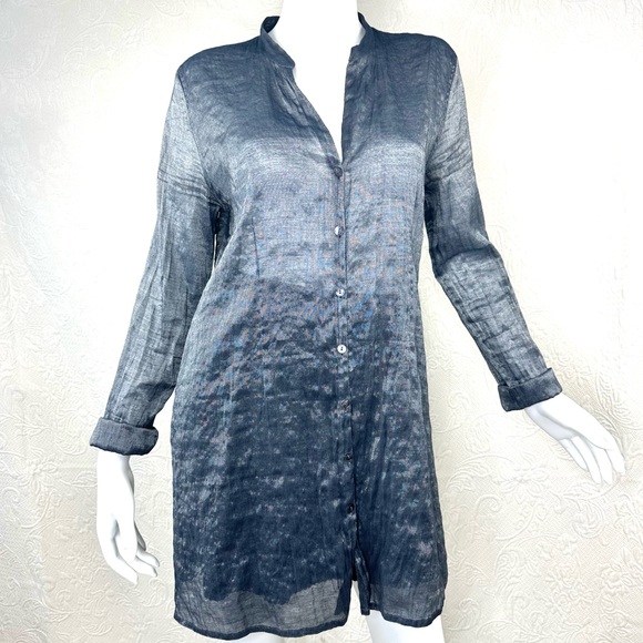 Eileen Fisher Silk Blend Sheer Metallic Shimmer Long Sleeve Tunic Mandarin Top - Picture 1 of 16